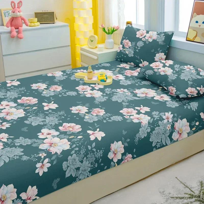 Simple 1 Modern Plant Flower Printed Matte Fitted Sheet, Bedroom Printed Bed Cover, Bedding Excluding Pillowcases