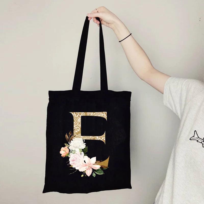 Gold Letter Flower Canvas Bag Women's Shopping Bag Reusable Large Capacity Portable Handbag Harajuku Student Shoulder Bag