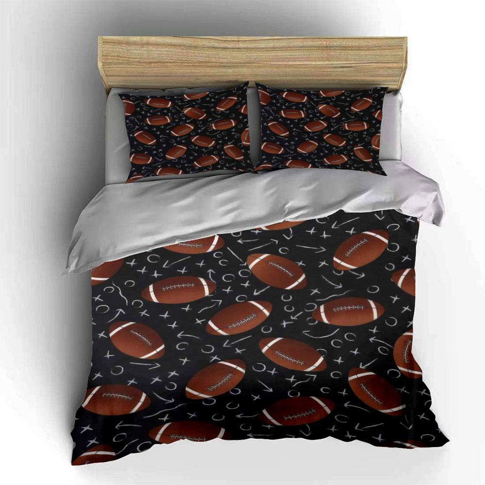 3Pcs Football Fan Bedding Set, Bold Brown Football With Play Symbols On Black Print Duvet Cover, Energetic Sports Bedroom Decor