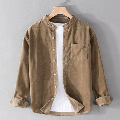 Men's Corduroy Long-sleeved Shirt Spring and Autumn Retro Loose Casual Shirt Jacket Without Collar