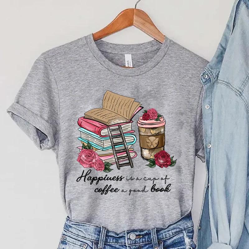 Coffee & Rose T-Shirts Women's Short Sleeve Clothing Cartoon Stairs Tops Books T Shirts Summer Casual Fashion Women T-shirts