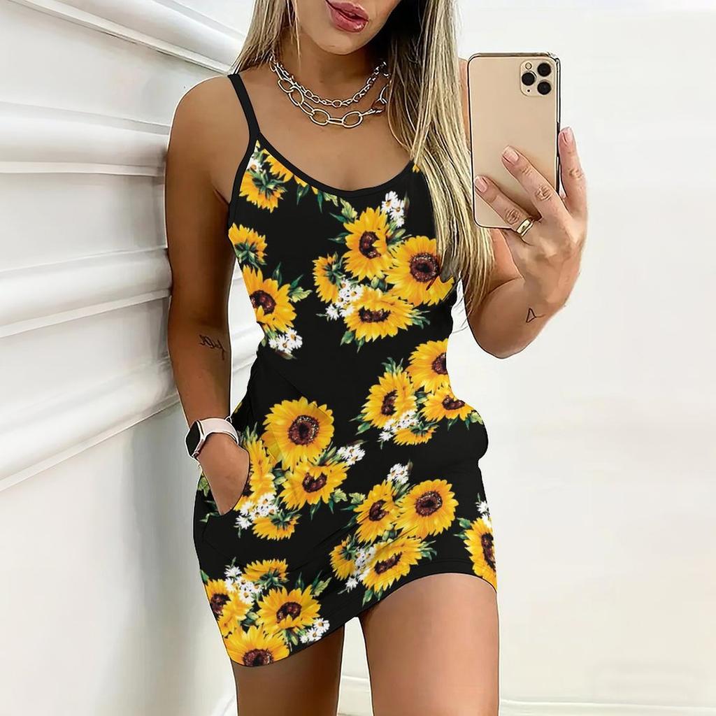 Summer New Flowers, Butterflies, and Thermal Geometry  Patterns  Print Sleeveless Bodycon Dress with Pockets Sexy Slim Fit Elegant Party Dress