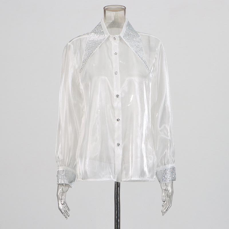 

2025 Casual Loose Mesh Blouse with Nail Diamond Design and Pointed Collar - Women s Solid Color Top Medium білий