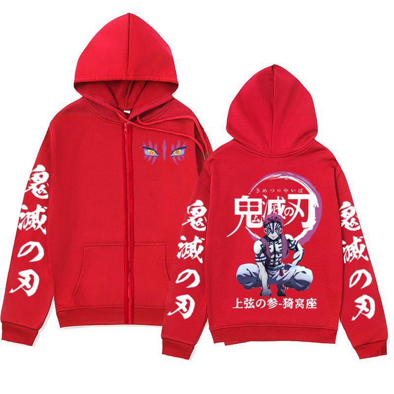 Anime Demon Slayer Akaza Eyes Graphic Zipper Hoodie Fashion Vintage Zip Up Sweatshirts Men's Women's Oversized Pullovers