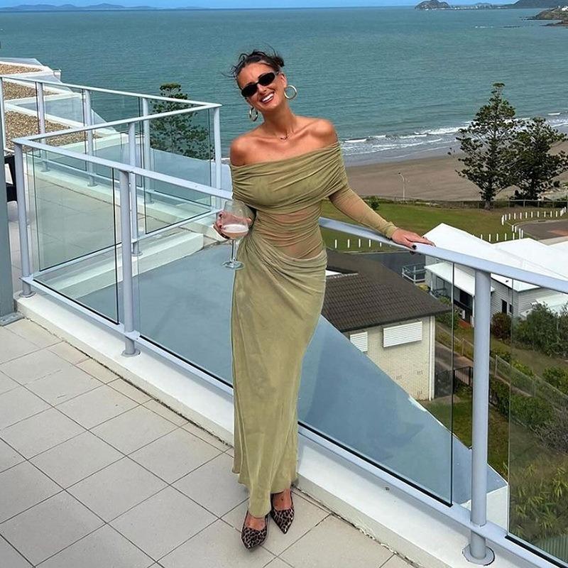 Spring New Women's Clothing Temperament Sexy One-word Shoulder Mesh See-through Long Dress Women
