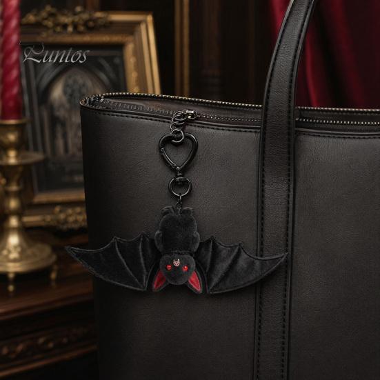 Versatile Keychain 1/2/3Pcs Pendant, Black Alloy Spring Buckle Key Chain, Double-Layer Plush Bat Denim Bag Charm Wings Holder, Goth Style Red
