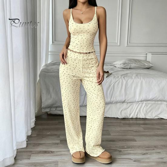 Floral Printed Camisole Pajama Set Women Pajamas with Print, Sleeveless U Neck Lightweight Sleep Sets for Vacation And Pants, Sexy Comfortable