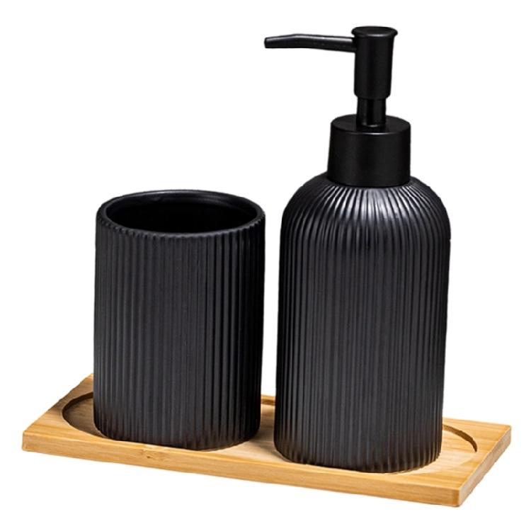 3-teiliges Badezimmer-Accessoires-Organisationsset mit Keramik-Handseifenspender, Holzschale und Zahnbürstenhalterbecher