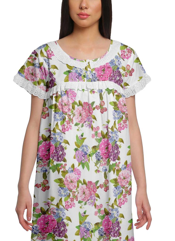 Moomaya Printed Short Sleeve Knee Length Nightdress Round Neck Sleepwear