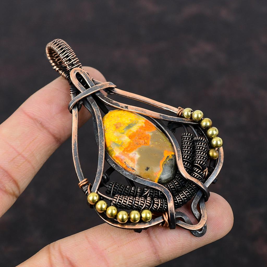 Bumble Bee Jasper Pendant Copper Wire Wrapped Gemstone Jewelry Handmade Pendant Copper Pendant Ethnic Jewelry Wire Wrap Pendant Gift For Mom