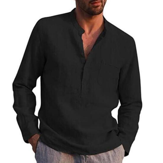 Men Shirt Solid Color Stand Collar Button Casual Spring Top for Daily Wear