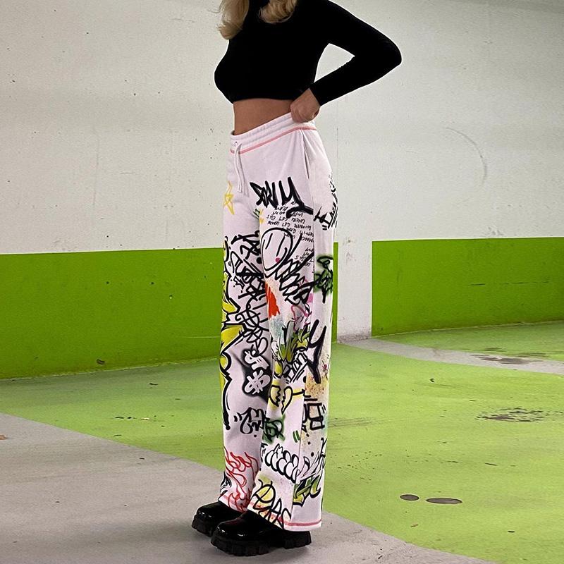 

WannaThis Harajuku Широкая нога Живопись Печатные брюки 2022 Досуг Свободный хлопок Лето Повседневная готическая уличная одежда Брюки
