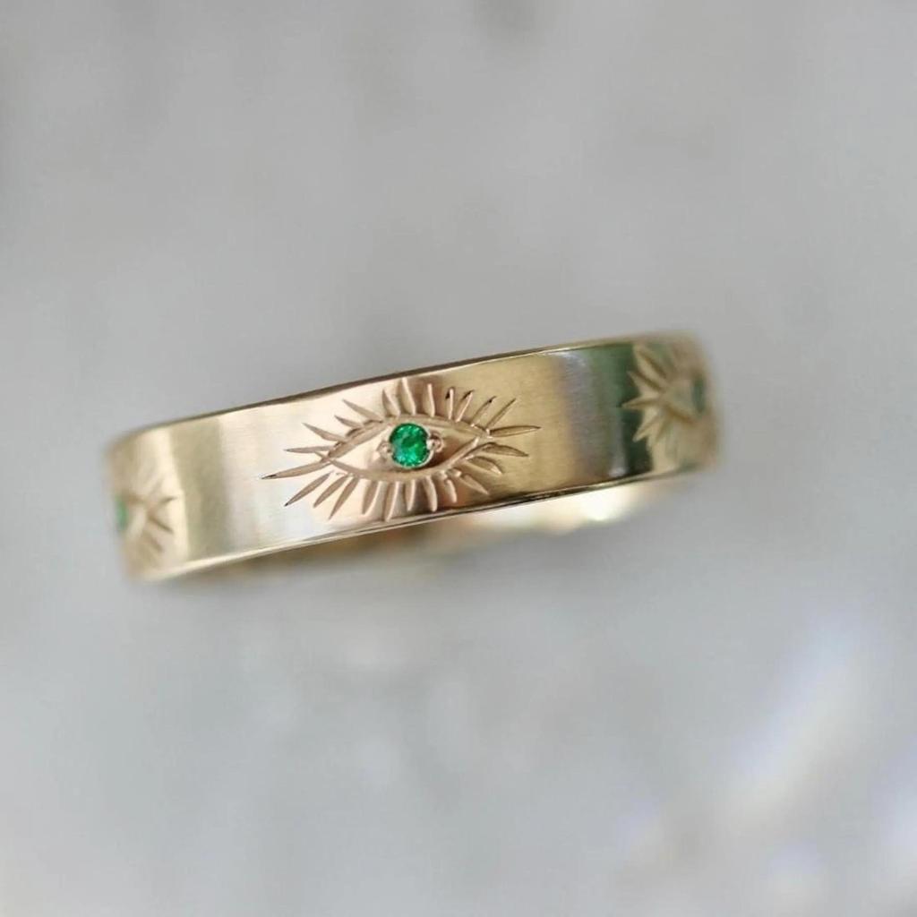 Good Karma Evil Eye Emerald Band – Yellow Gold Plated Wide Wedding Ring for Women | Minimalist Engraved Band | Protective Gift for Wife