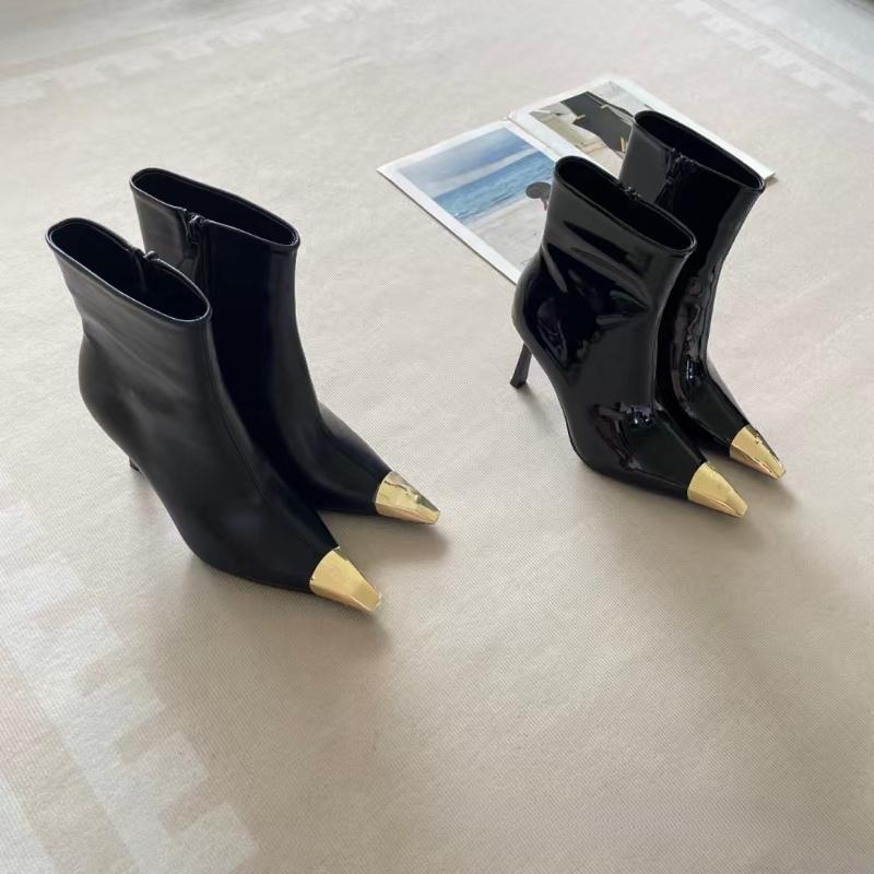Women's Metal Pointed Stiletto Heel Ankle Boots Side Zipper Autumn Winter Slim Black Chunky Boots