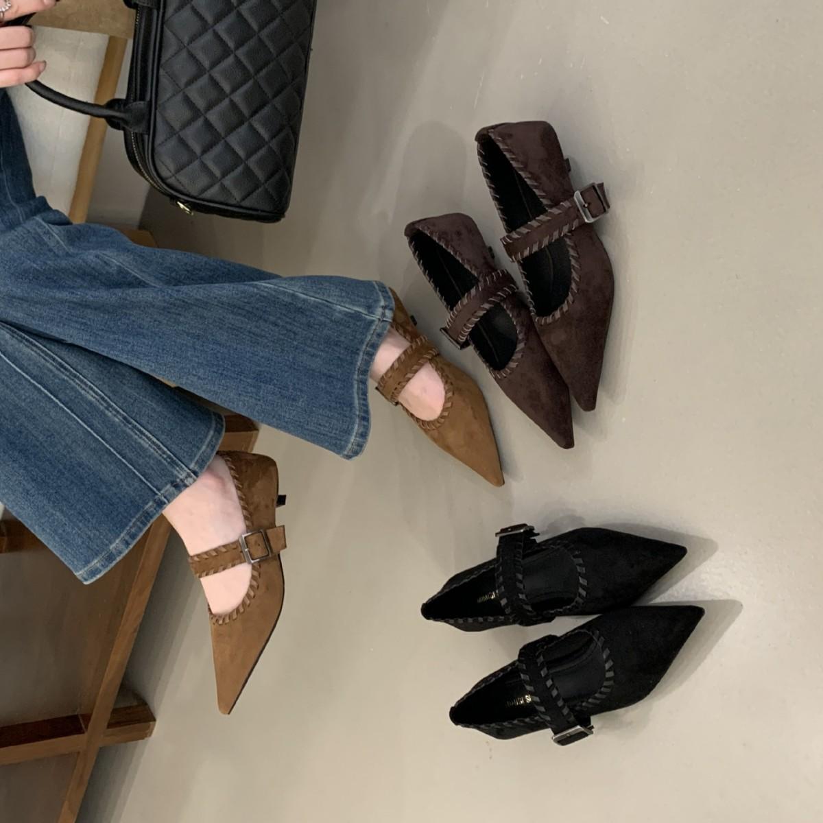 

Осень-зима 2025 новая модель туфли-лодочки с острым носком, плетеным тонким ремешком на щиколотке, на тонком каблуке-рюмочке, рабочие, для通勤, модные, женские 39 светло-коричневого