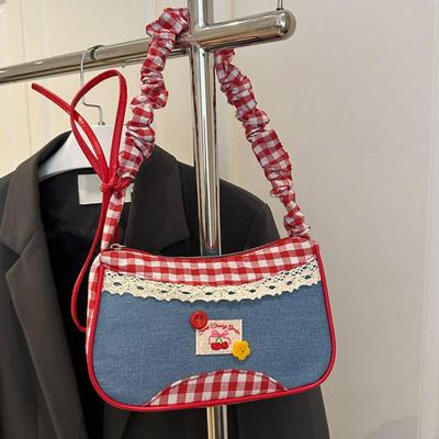 Lovely Lattice Shoulder Bag Sweet Bow Denim Underarm Bag Fashion Pleated Drawstring Design Daily Commuting Handbag