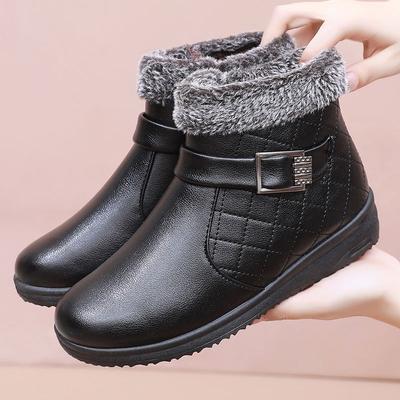Middle-aged and Elderly Women's Simple Fashion Winter Cotton Shoes Mom's Fleece Lined Warm Short Boots Waterproof Flat Non-slip Ankle Boots
