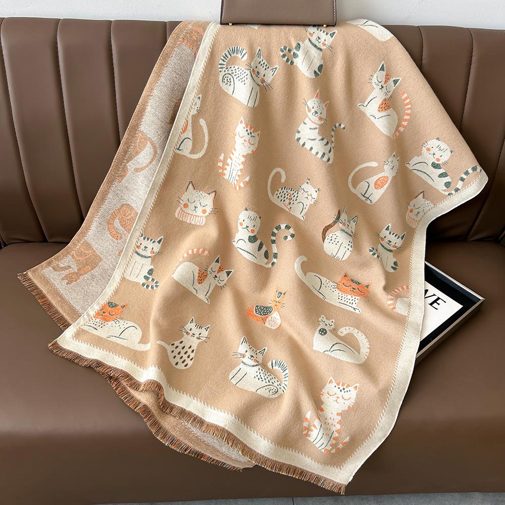 Double-Sided Cute Kitten Cashmere Scarf - Women's Fashion Winter Neck Warmer Shawl