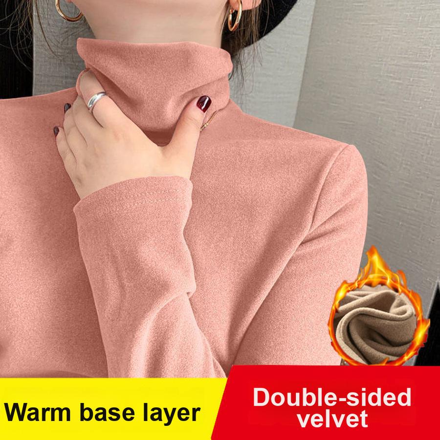 Double-Sided Fleece High Neck Base Layer Women's Autumn Winter New Slim Fit Trendy Inner Wear Thick Warm Long Sleeve T-Shirt Women