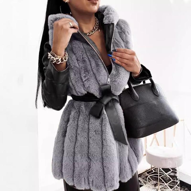 

5 Autumn and winter new products hooded waist splicing women s imitation fur jacket top thermal coat S сірий колір