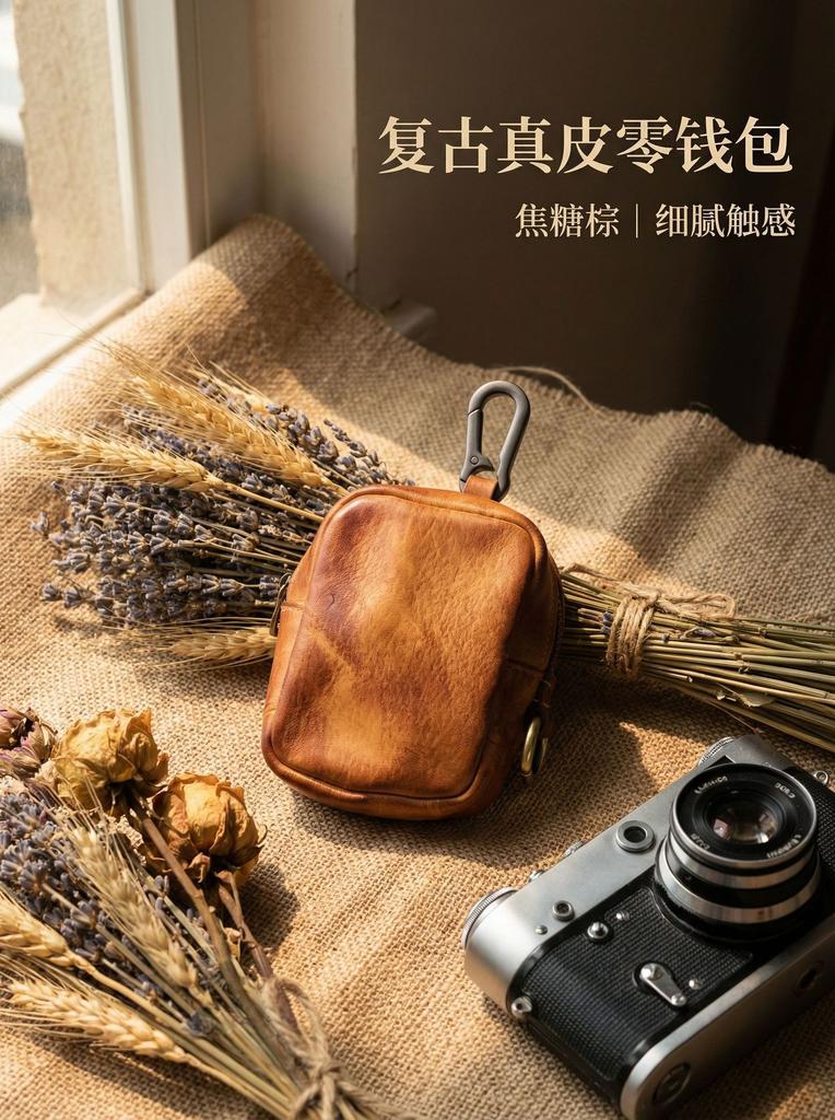 Men's Coin Purse, Genuine Leather Mini Coin Wallet Zipper Pocket with Back Belt Loop, Lightweight  Keychain Pouch for Men