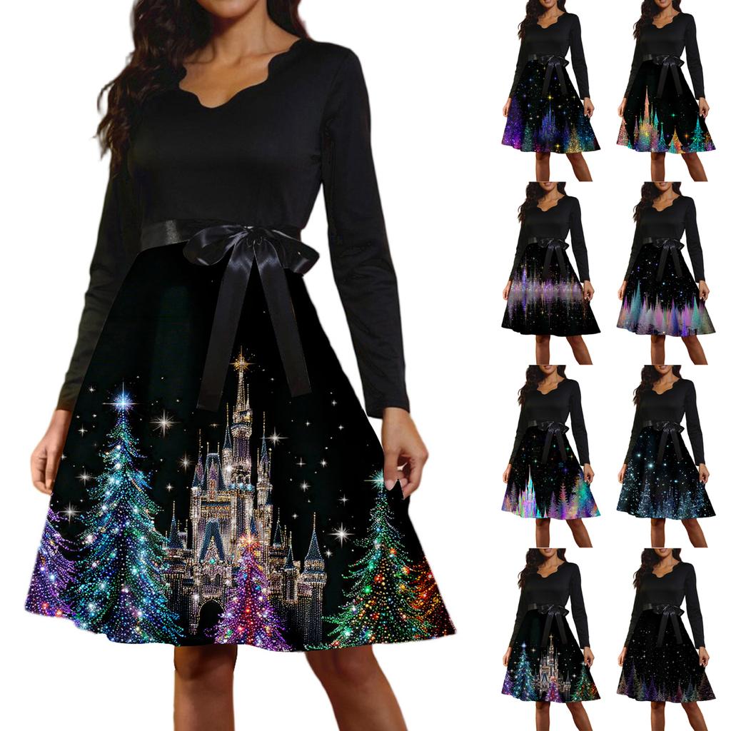Women's Casual Fashion Long Sleeve Christmas Graphic Printed Vintage Long Dresses