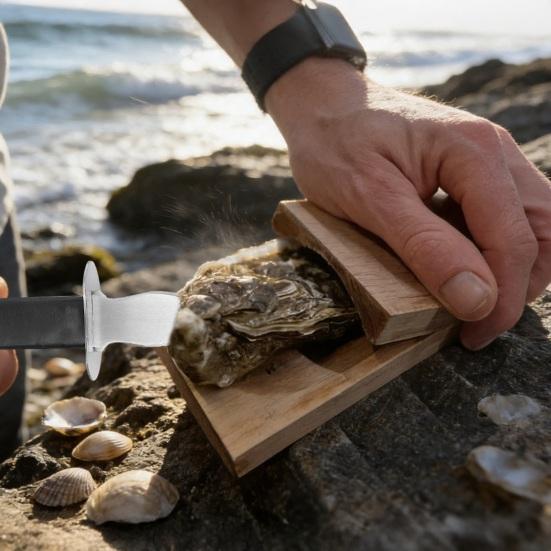 Essential Kitchen Seafood Utensil Oyster Shucker Cutter with Clamp, Stainless Steel Blade And Ergonomic Durable Shucking Kit Wood Base Design,