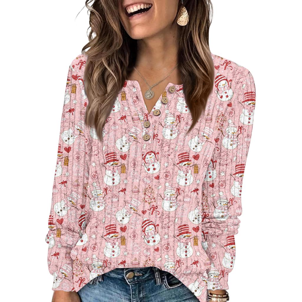 Women's Fashion V-Neck Button-Up T-Shirt With Christmas Print Long-Sleeved Top