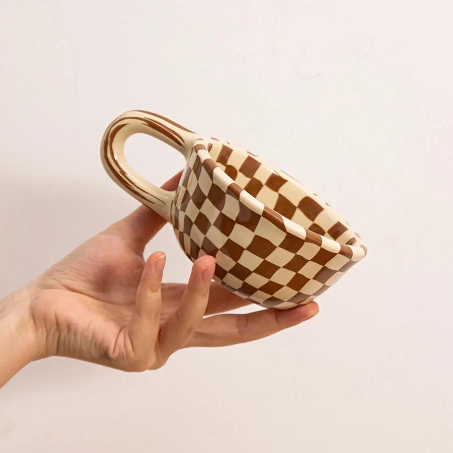 220ml Ceramic Coffee Mug with Wrench Spanner Handle, Grid Coffee Mug for Coffee, Milk, Tea, Smoothies