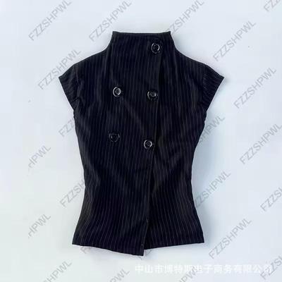 French Stripe Double-Breasted Stand Collar Slimming Outerwear Shirt