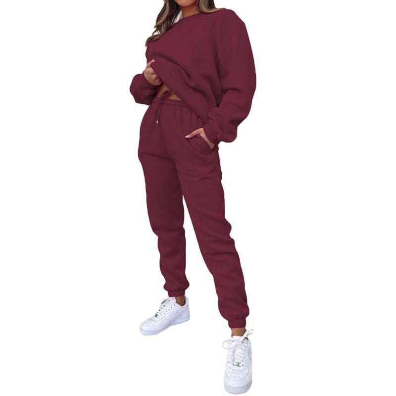 Women's New Fashion Solid Color Long Sleeve Pullover and Sweatpants Set for Autumn and Winter
