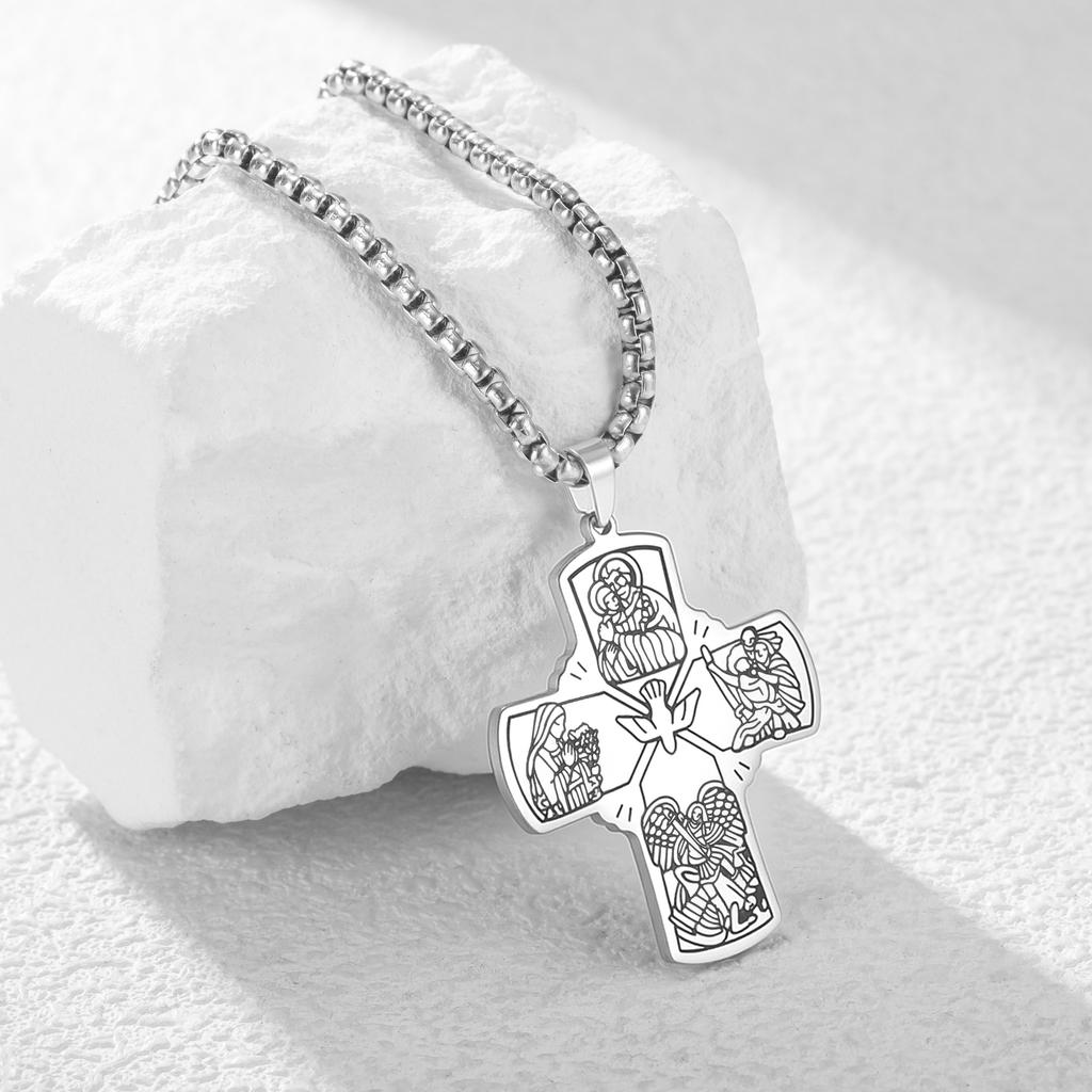Christian Holy Spirit Cross Necklace for Men Women Engraved Religious Icon Pendant Amulet Jewelry Catholic Protection Gifts