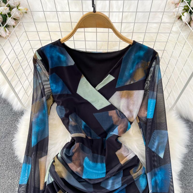 Sexy Tie-dye Printed V-Neck Long Sleeve Dress Women Chic Elegant Patchwork Vintage Midi Dresses Female Korean Fashion Casual One Piece Dress 2024