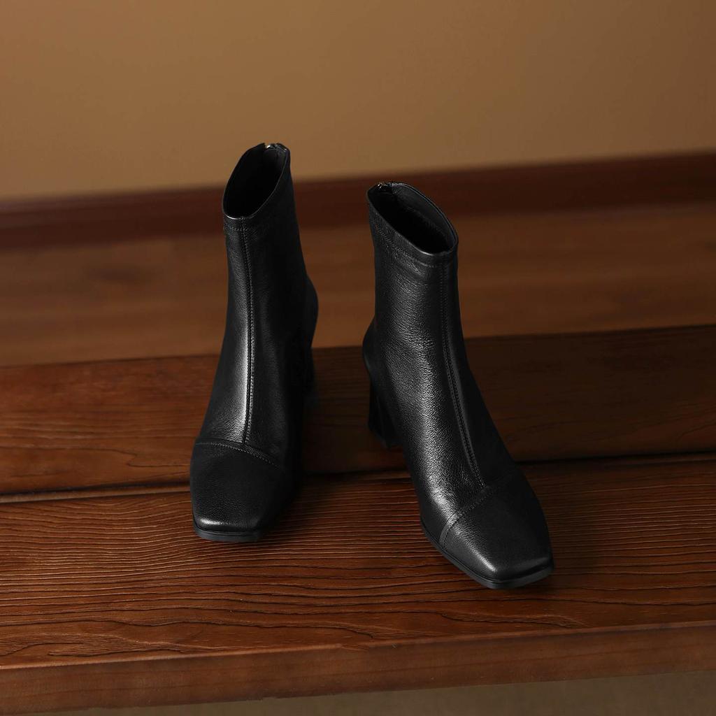 Krazing Pot Sheepskin Winter Square Toe Modern Boots Thick High Heels Zipper Women Ankle Boots