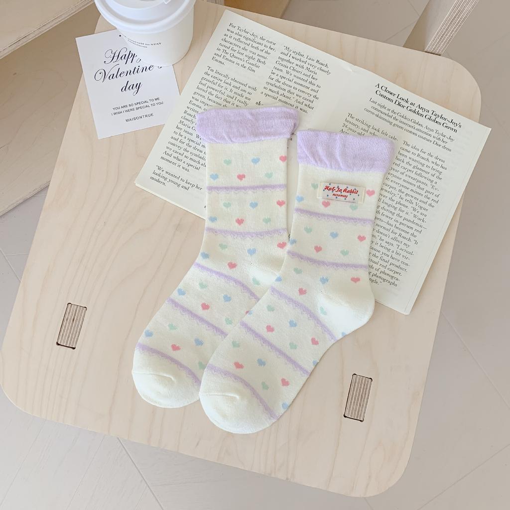Sweet Color Love Socks Women'S Striped Breathable Stack Socks Macaron Cloth Label Socks