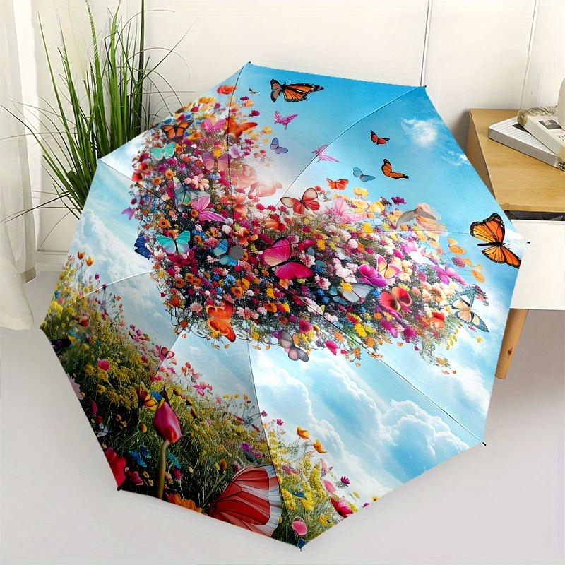 

Floral Heart Butterflies Theme 8 Bone Hand Automatic Folding Umbrella, Compact and Portable Design, A Perfect Gift for Birthday, Christmas o