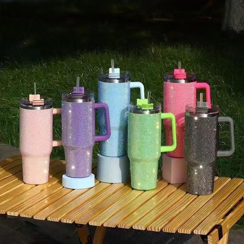 Rhinestone 40oz Stainless Steel Car Thermos with Straw and Handle