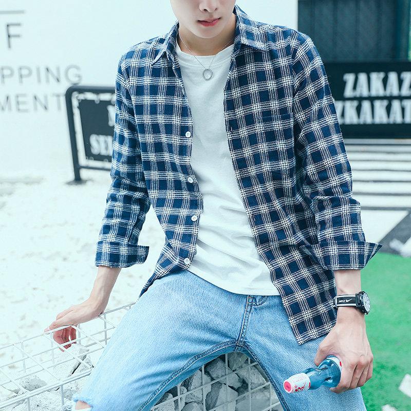 2023 New Men's Slim Fit Korean Plaid Long-Sleeved Shirts for Teenagers