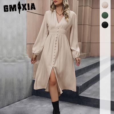 Robes décontractées pour femmes, mode printemps automne, couleur unie, imprimé, manches longues, col en v, taille haute
