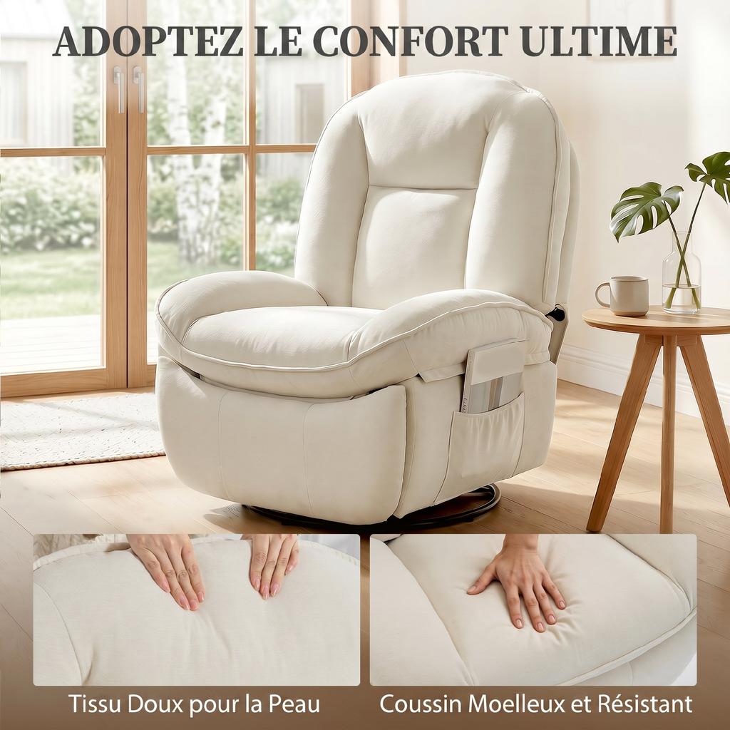 Chenille Reclining Armchair, 360 Degree Swivel, Side Pockets, Cream