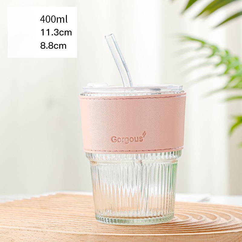 400 ml Streifenglasbecher, transparente Gläser mit Deckel und Strohhalm, Eiskaffeebecher, Teetasse, Saftglas, Milchwasserbecher, Trinkgeschirr