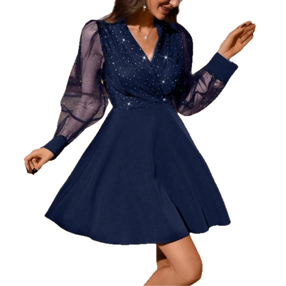 Women's winter senior elegant V-neck design sense mesh sequins splicing long sleeves waist thin short party even