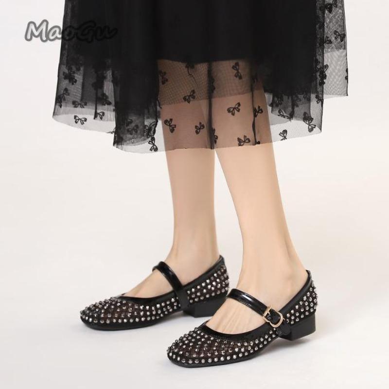 Fashion Crystal Studded Mesh Breathable Shoes Fashion Square Head Shallow Mouth Mary Jane Shoes Elegant Office Ladies Low Heel Pumps