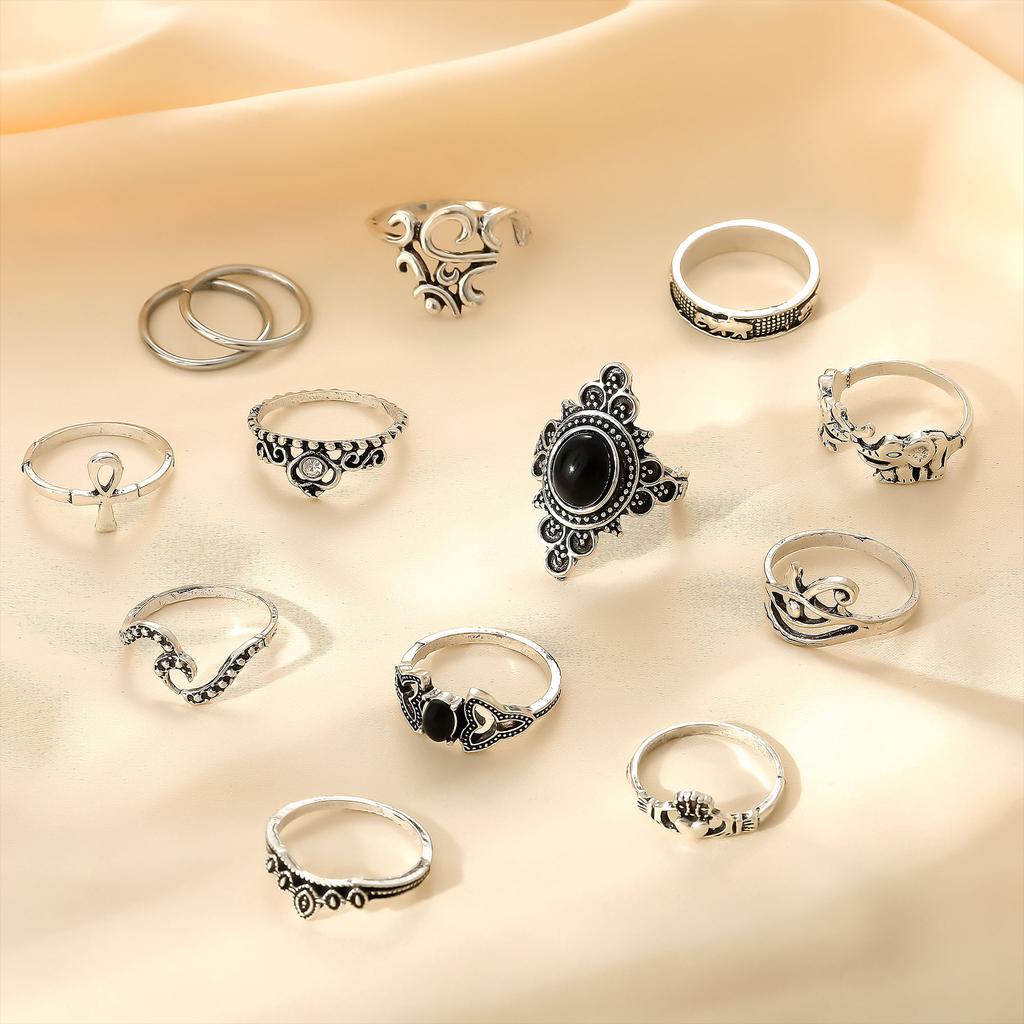 Stylish Carved Elephant Black Knuckle Ring Set