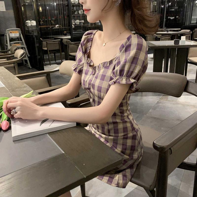 Dongdaemun summer clothing new retro one-word shoulder waist slim and thin plaid dress
