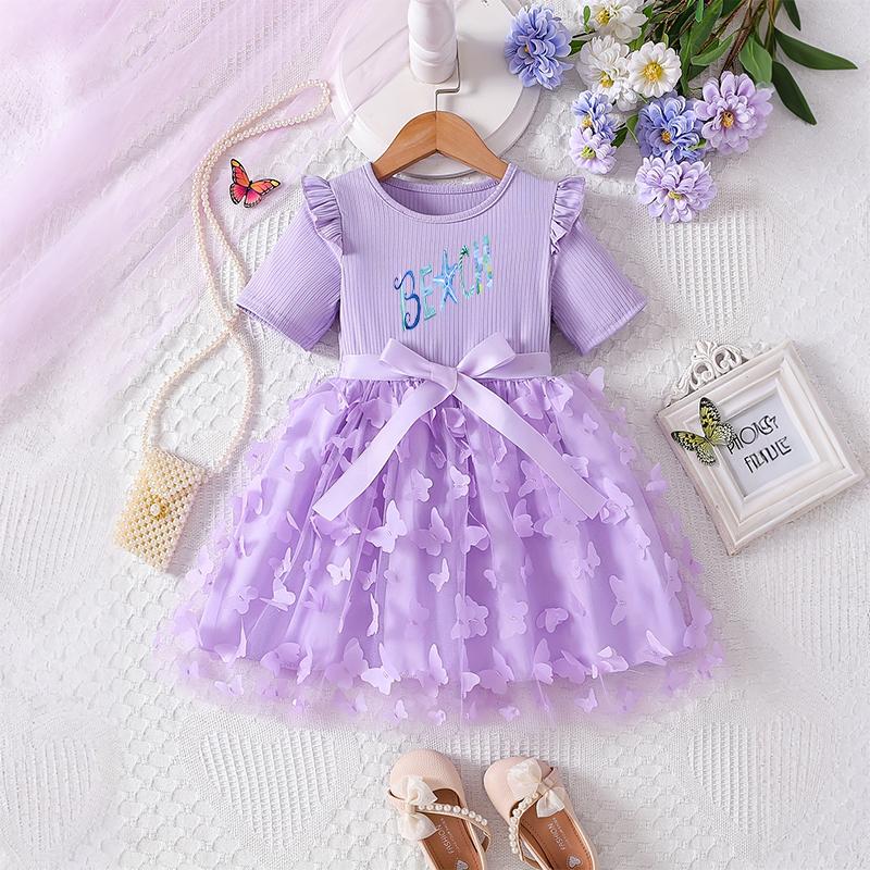 Girls Butterfly Tulle Dress, Art Print,Cute Princess Party Dress with Bow, Short Sleeve Summer Dress for Little Girls