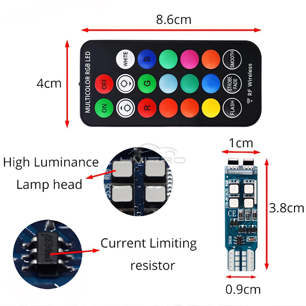 2pcs T10 W5W Remote Control RGB Led Bulb 12V Reading Car Parking Day Lamps License Plates Lamp Dome Turn Signal Clearance Light