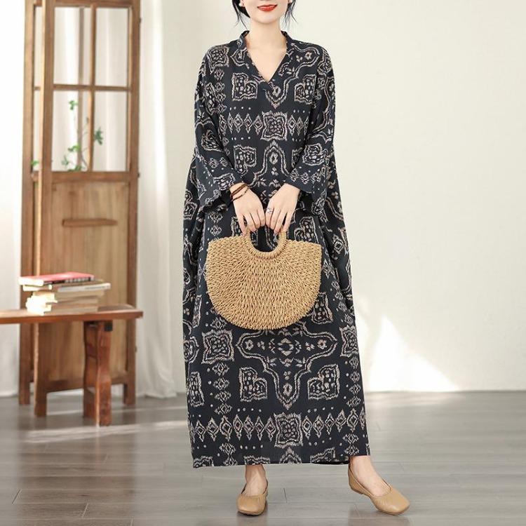 

Винтажное цветочное макси-платье большого размера для женщин, с длинным рукавом, оверсайз, свободное, базовое, весеннее, летнее, новое One size