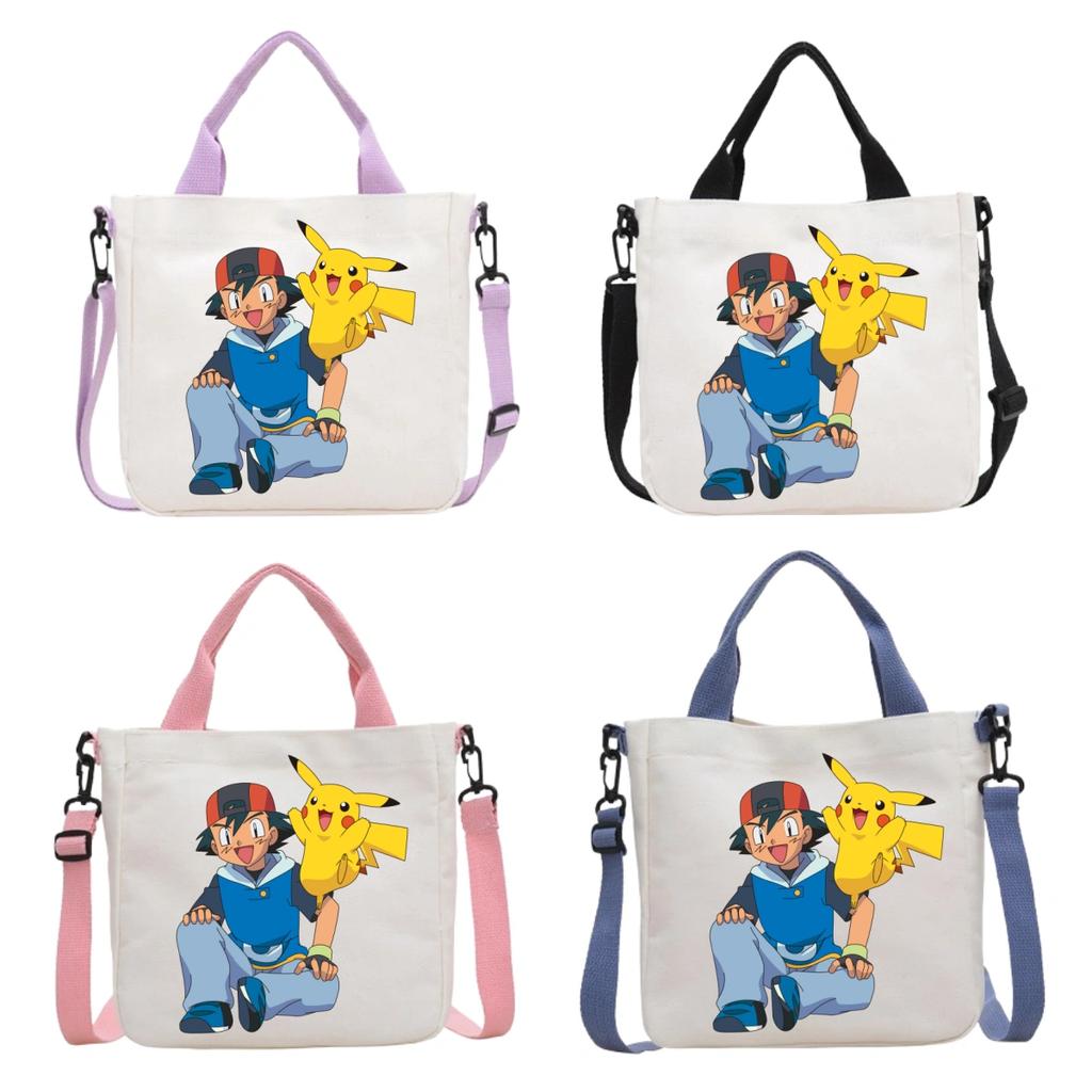 Pokemon Canvas Crossbody Bag Pikachu Cartoon Pattern Print Handbag Fashion Portable Large Capacity Travel Shopping Storage Kid Friendly Entertaining