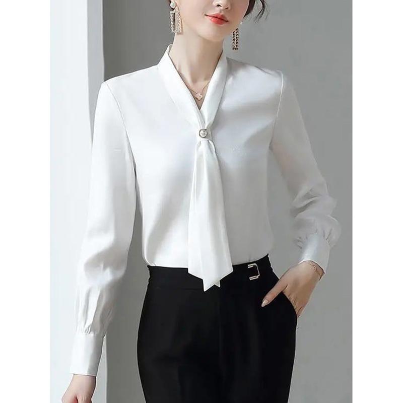 Bow Beading Elegant Chiffon Shirt Office Lady Fashion Casual All-match Blouse Commuter Basic Solid V-Neck Chic Women's Blouses